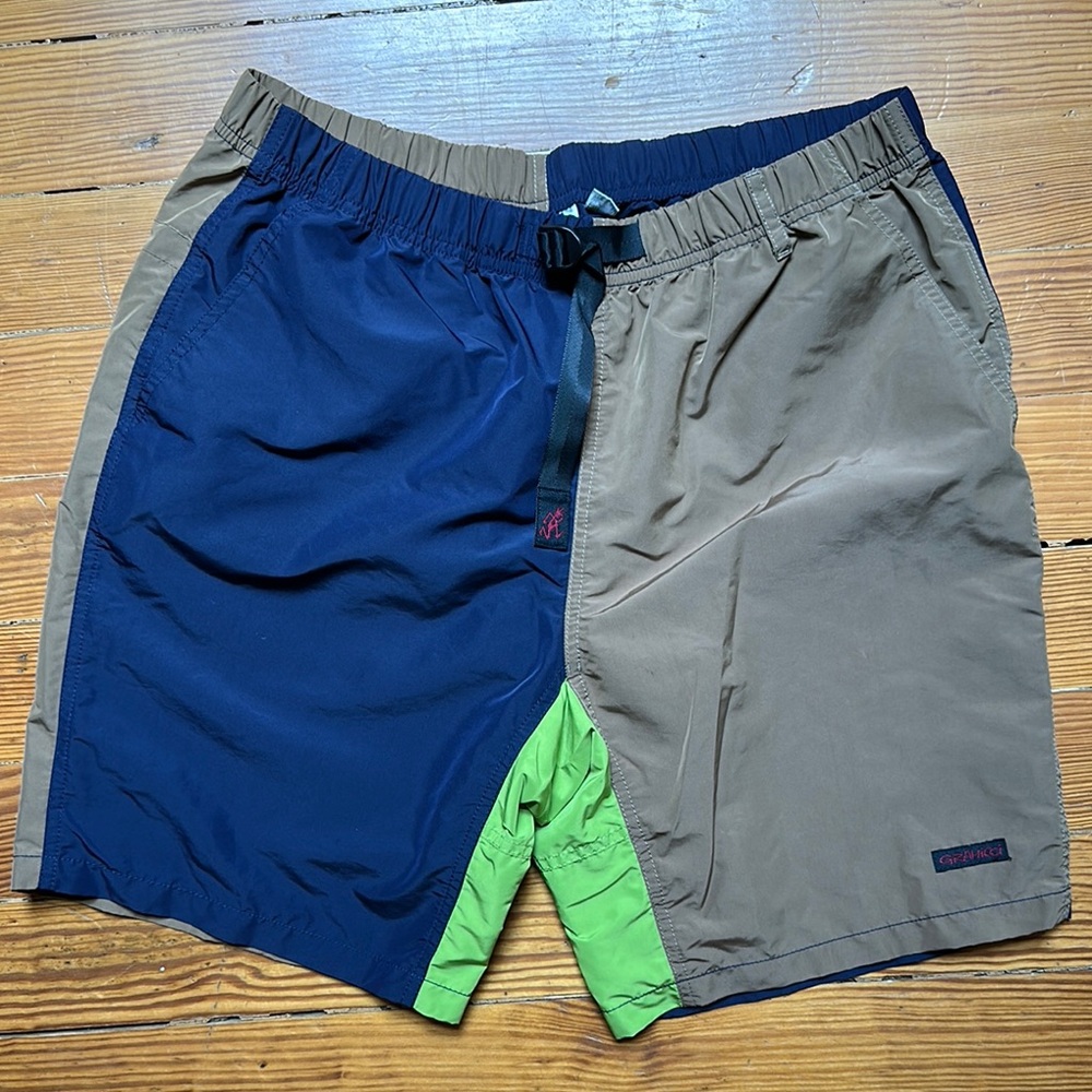 Gramicci Colorblock Shorts in Blue, Tan, and Green